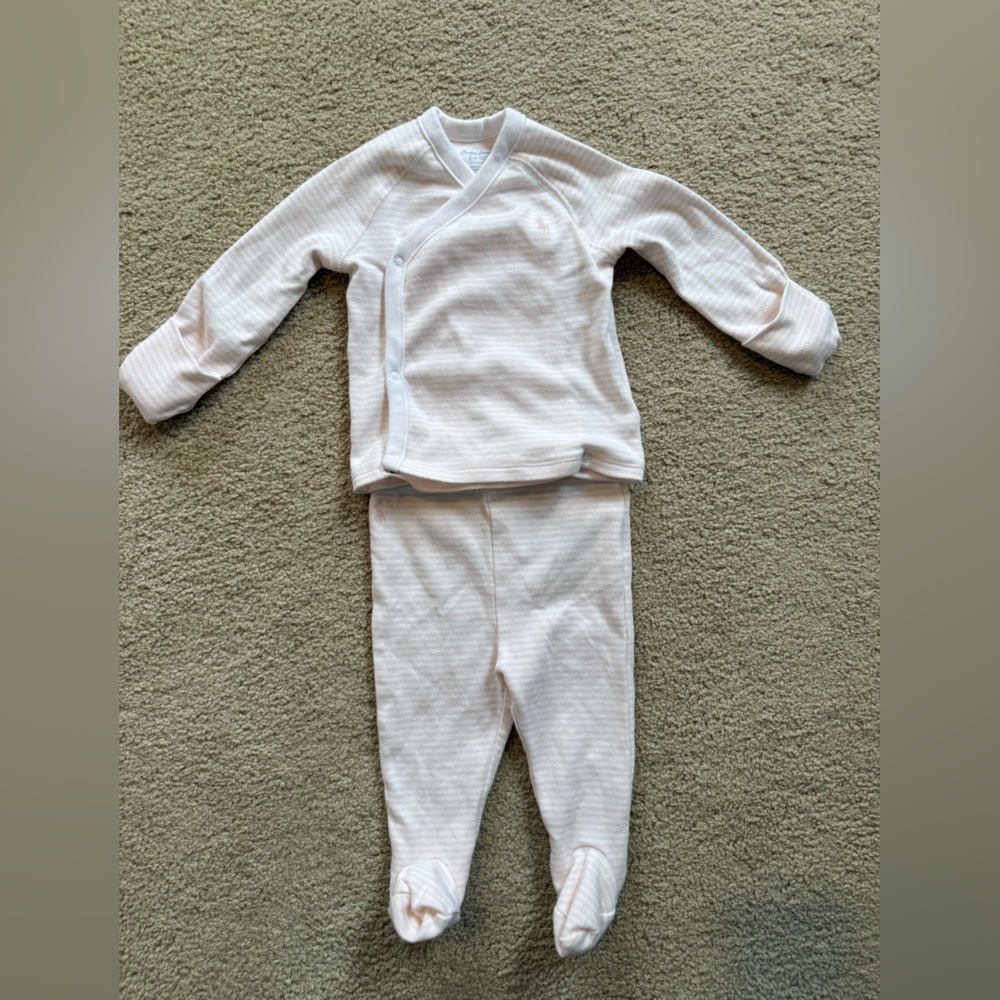 Ralph Lauren Kimono Top & Footed Pants Set 3-6M Pink White Stripe